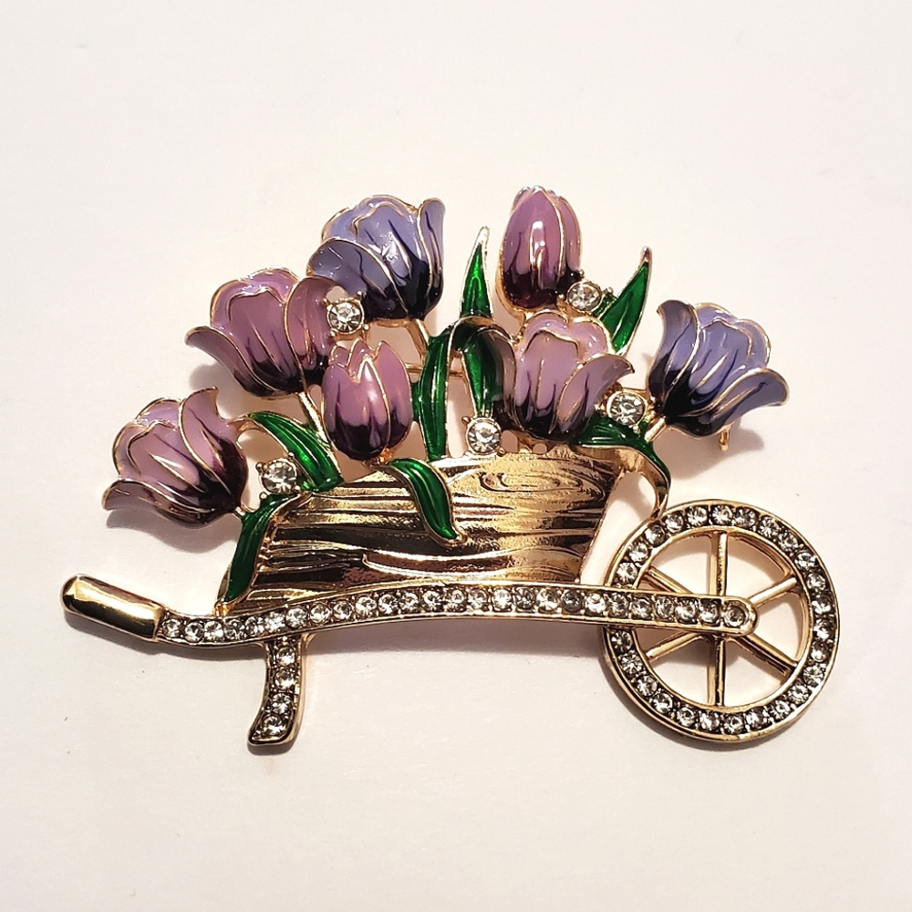 Anne Klein - Wheelbarrow with Tulips Enameled Brooch with Rhinestones & Movement